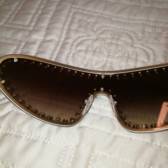 PRADA Y2K Style Catwalk Gold 508 6S1, SPR 73V Studded Shield Sunglasses NWT - Picture 10 of 10